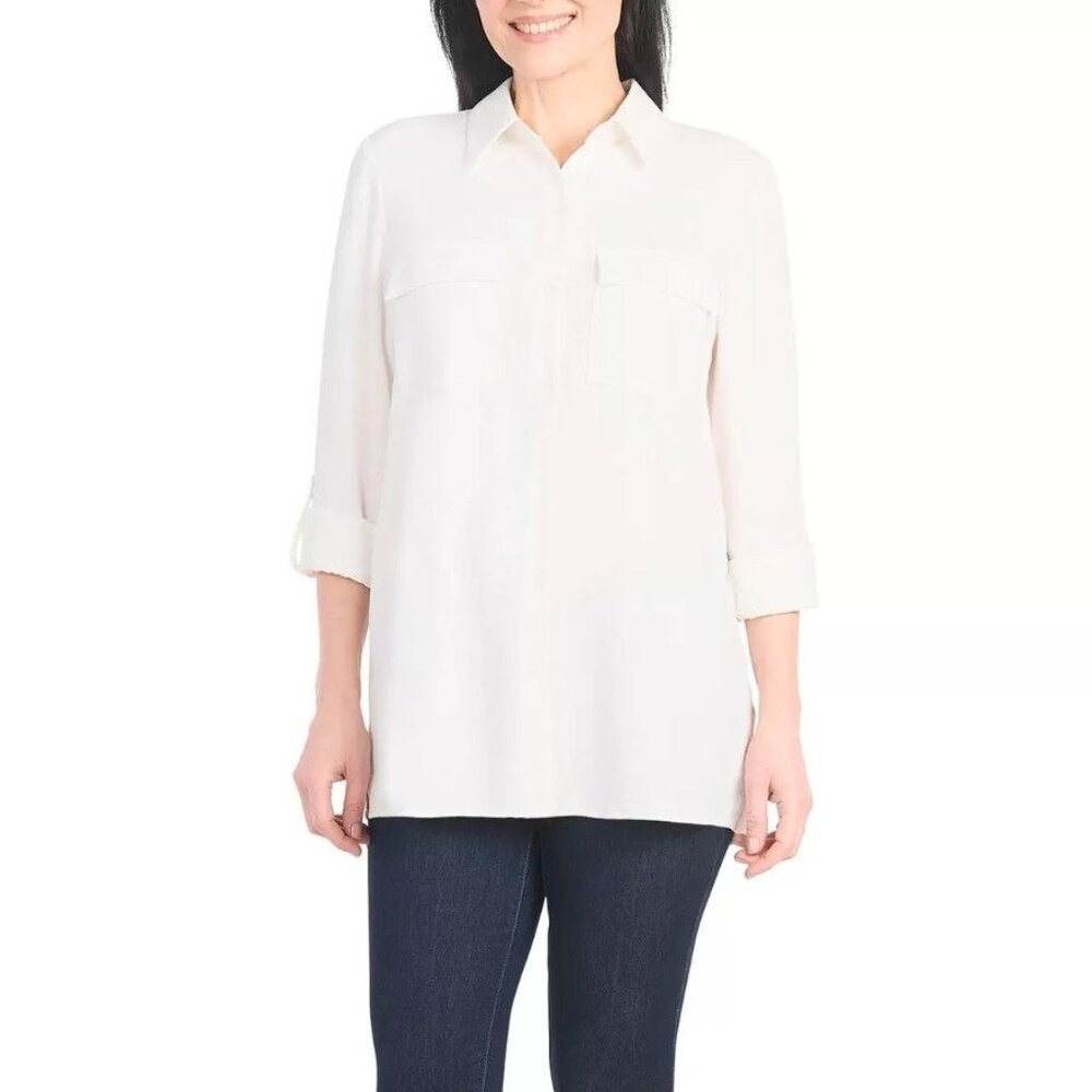 Hilary Radley Womans M Button-up Shirt Pocket Top Roll Tab Long Sleeve Shacket